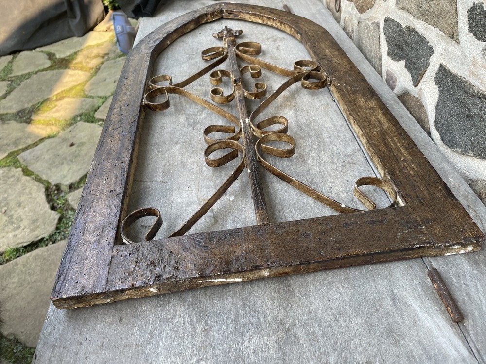 Antique Wood Church Window Frame Iron Scrollwork