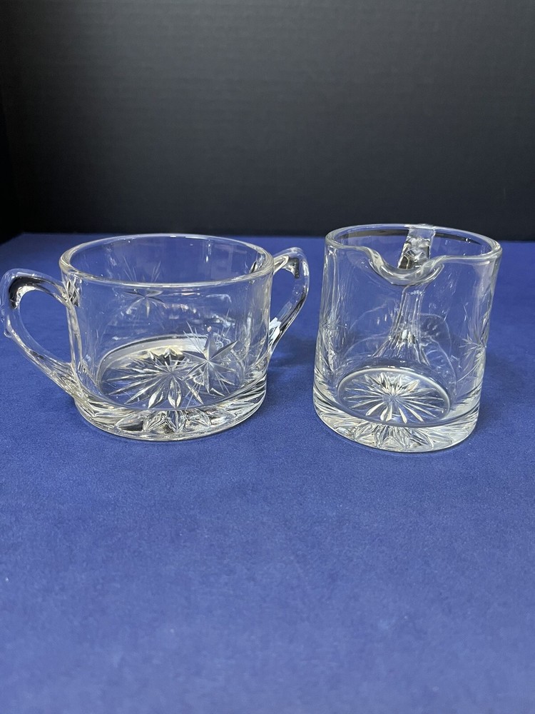 VTG Clear Etched Glass-Atomic Starburst Pattern Open Creamer & Sugar Set
