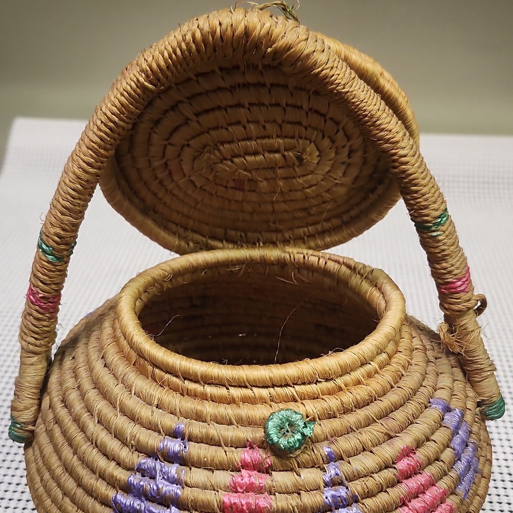 Small Ethnic Handmade Woven Storage Basket with Lid, Handle, Multicolor