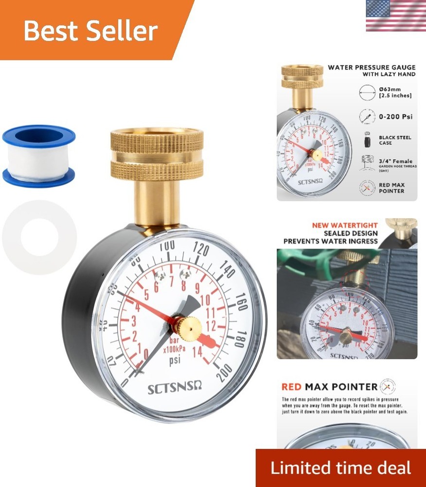 Accurate 0-200 PSI Water Pressure  Gauge with Red Max Pointer, 2.5" Dial