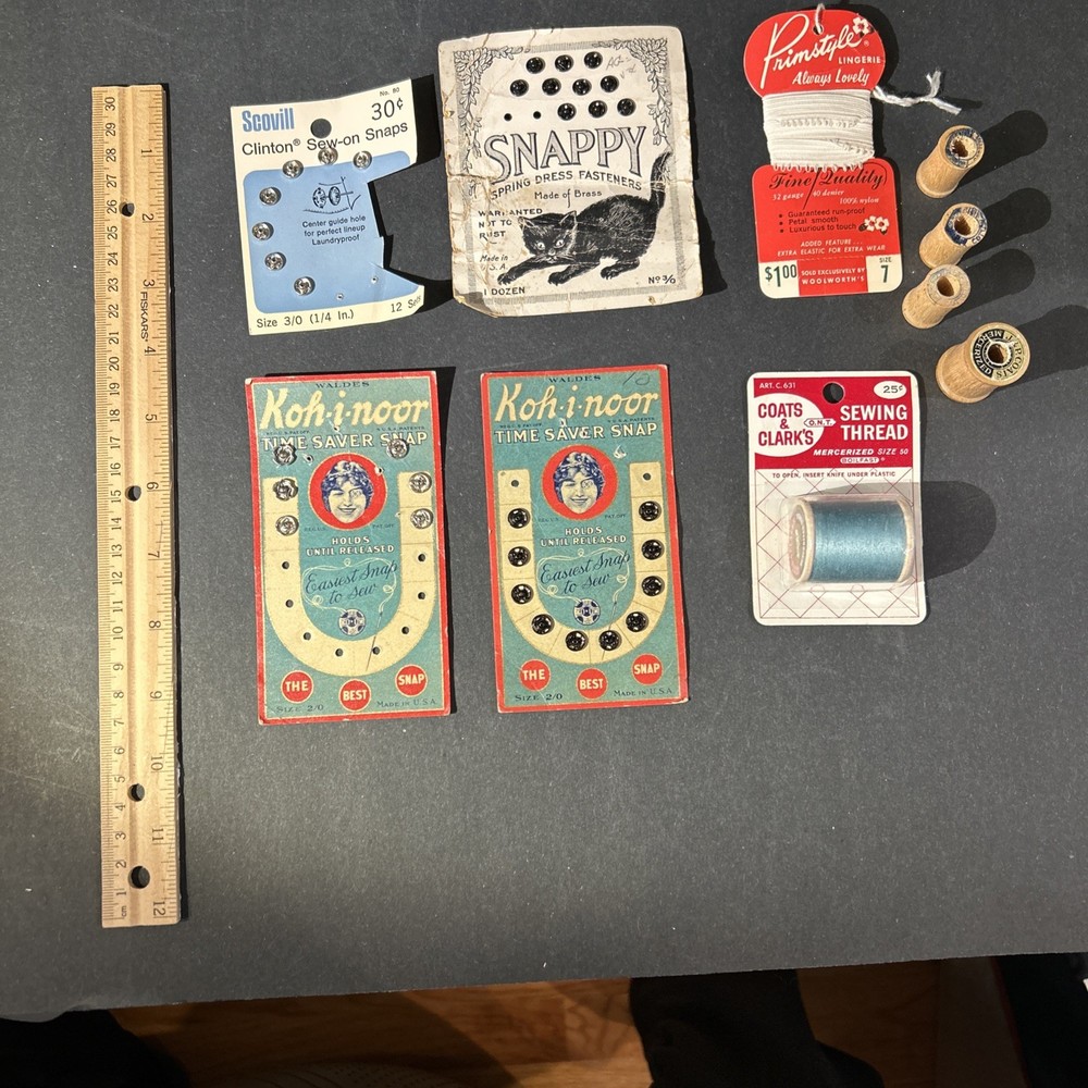 Vintage Sewing Lot - snaps, spools, thread elastic etc.
