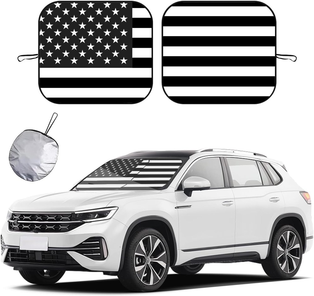 Universal Fit Foldable Windshield Sun Shade - 2-Pcs, 28"x31", Black Flag Design