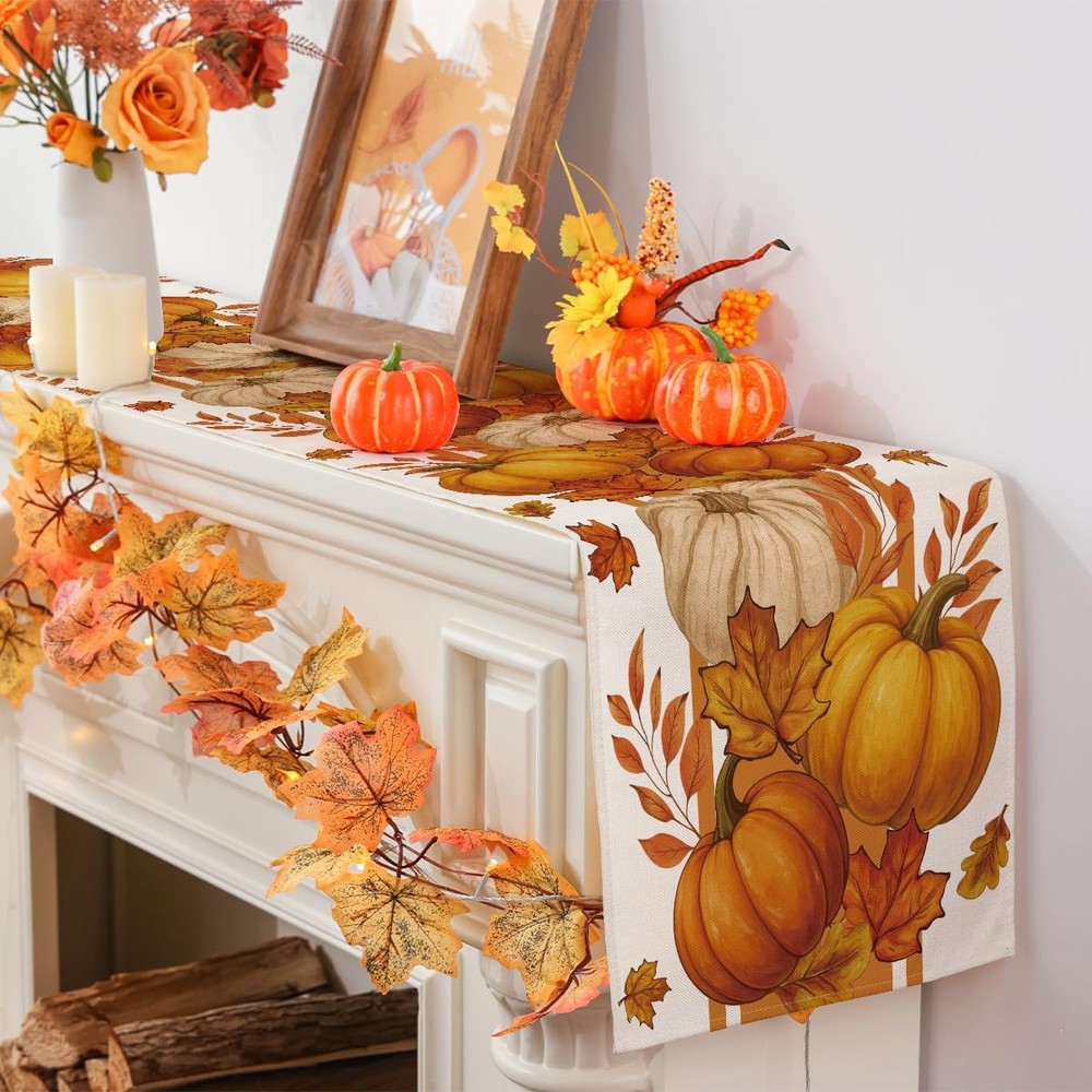 Fall Table Runner, Maple Leaf Orange Pumpkin Table Runner Seasonal Autumn Tha...