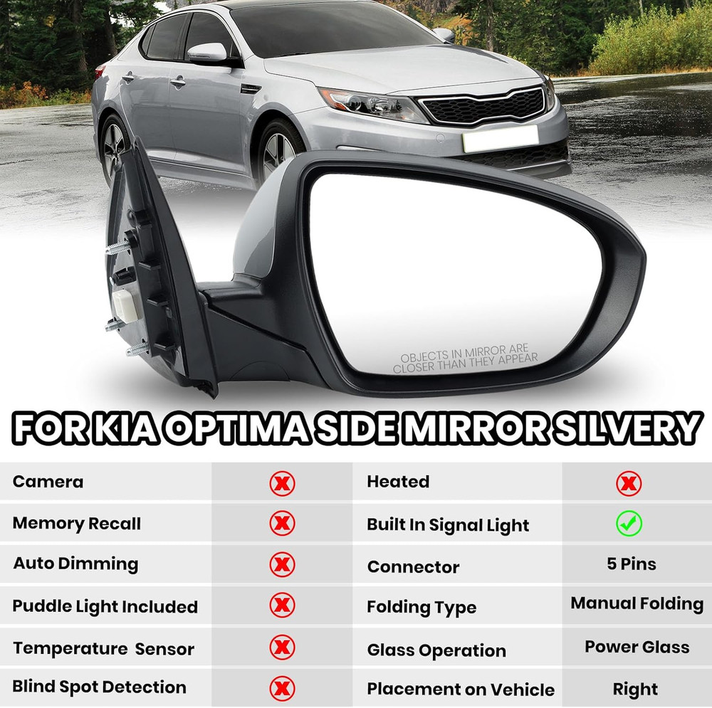 Passenger Side Mirror Compatible with 2011 2012 2013 Kia Optima Mirrors with Tur