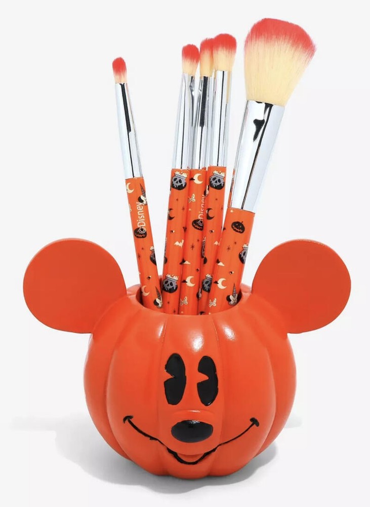 Disney - Mickey Mouse Jack-O'Lantern  Makeup Brush Set & Holder  NEW