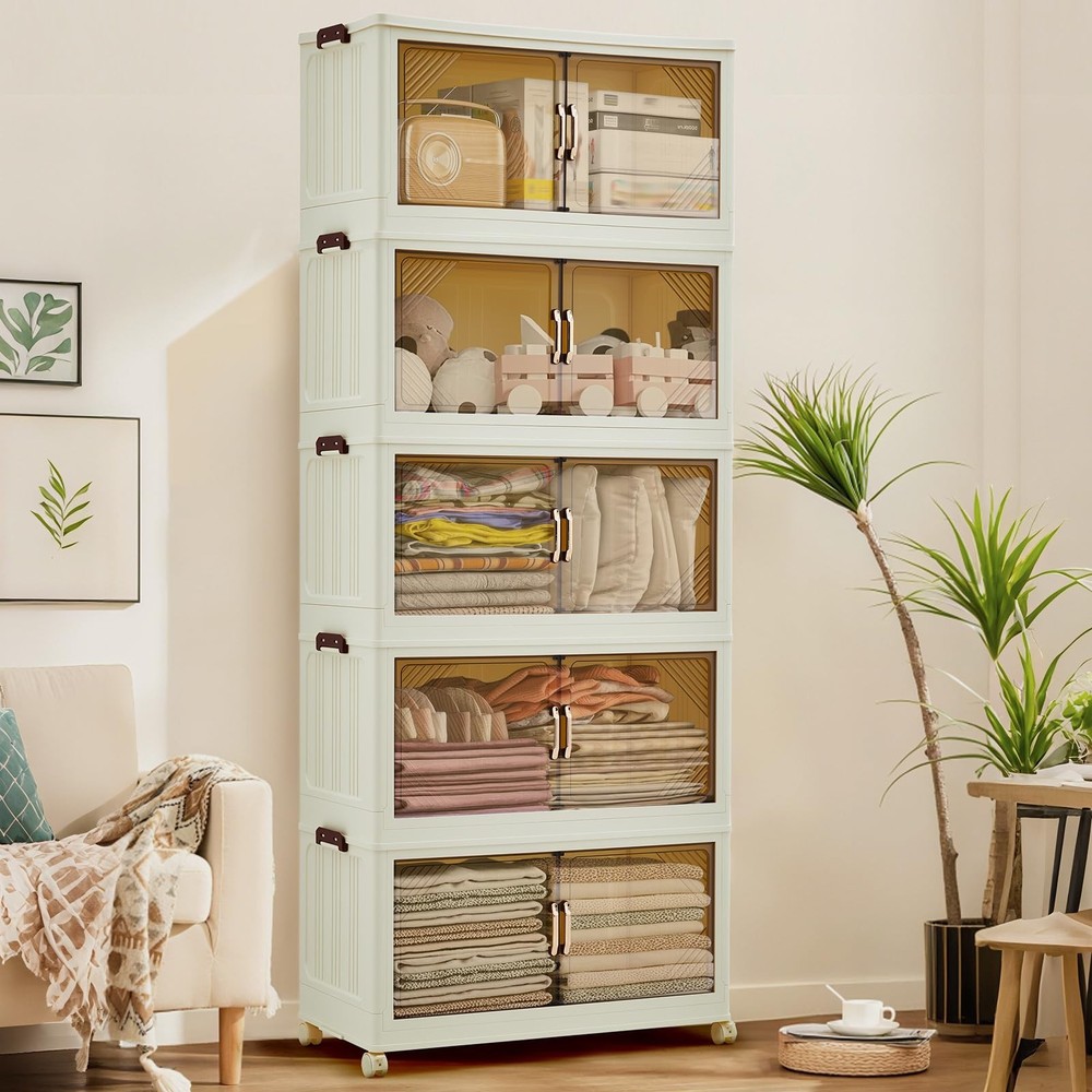 240QT Stackable Storage Bins, Folding Storage with Magnetic Doors & Wheels, L...