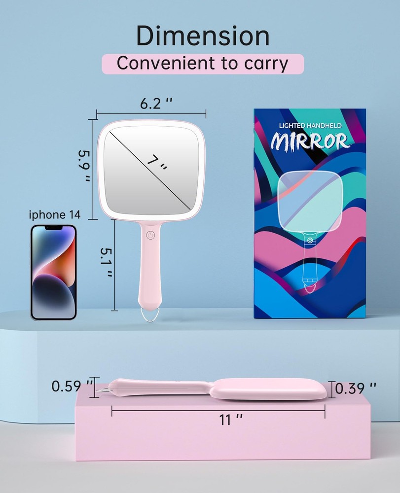 Lighted Handheld Mirror, Handheld Mirror with 3 Light Color, Led Hand Mirror ...