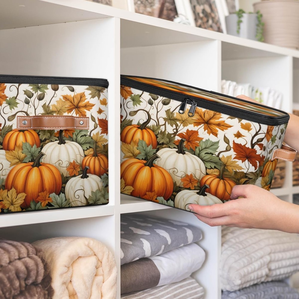 Fall Pumpkin Storage Bins with Lids, Maple Leaf Fabric Storage Boxes with Zip...