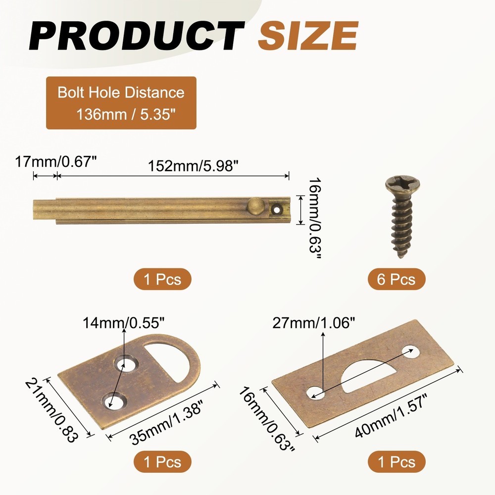 6" Solid Brass Surface Bolt, Polished Slide Latch Door Lock, Bronze