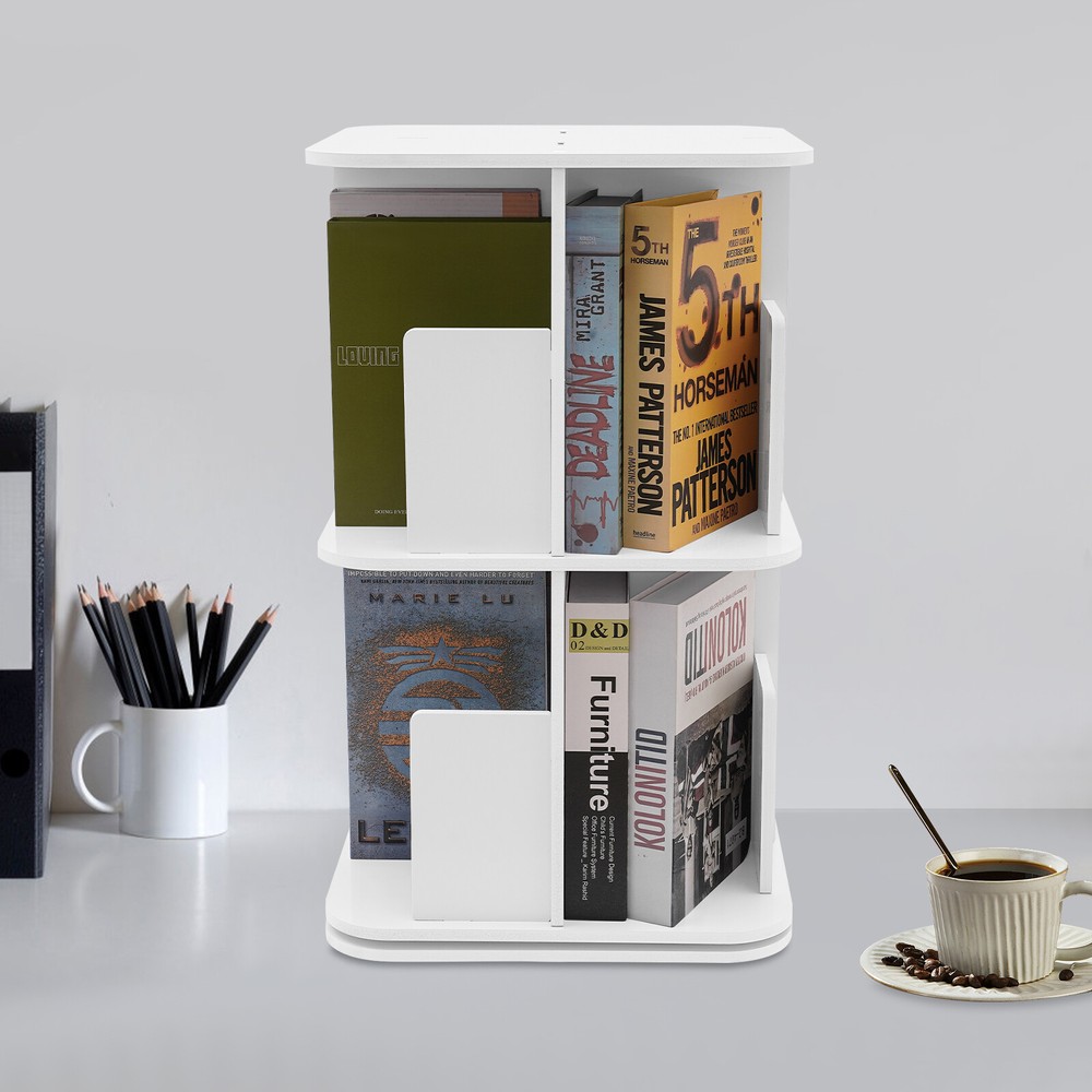 2-Tier Rotating Bookshelf - Compact White Bookcase for Corner Storage