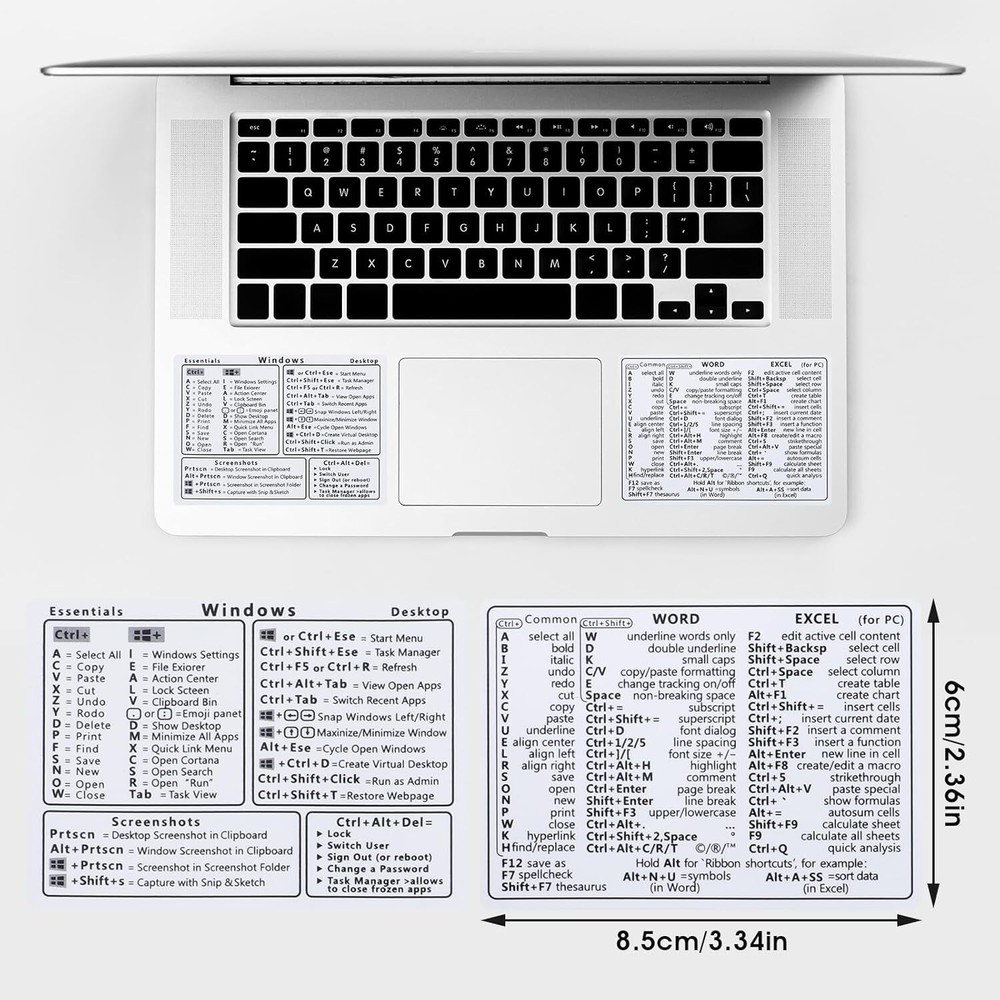 2 Pcs Laptop Shortcuts Stickers, Word/Excel Quick Reference Guide White