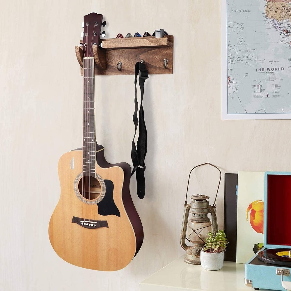 Rustic Wall Mount Guitar Hanger Shelf with Pick Holder & 3 Hooks - Carbonized...