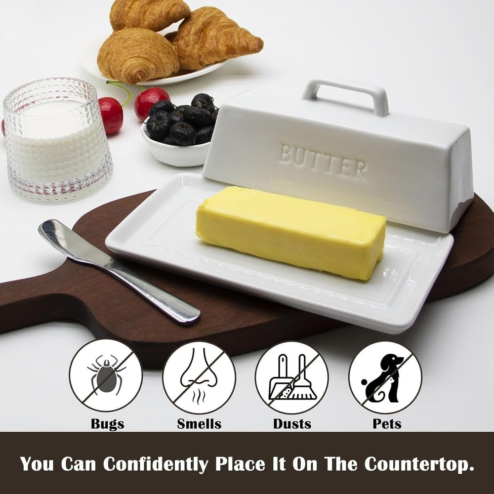 Dishwasher Safe White Butter Container with Lid - Keeps Butter Soft & Spreadable