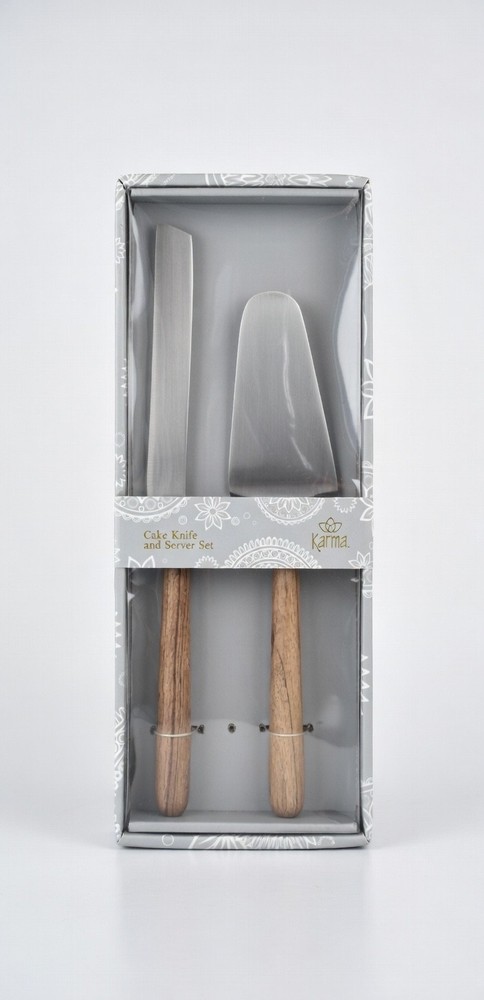 Karma Cake Knife and Server Set wooden handle brushed silver
