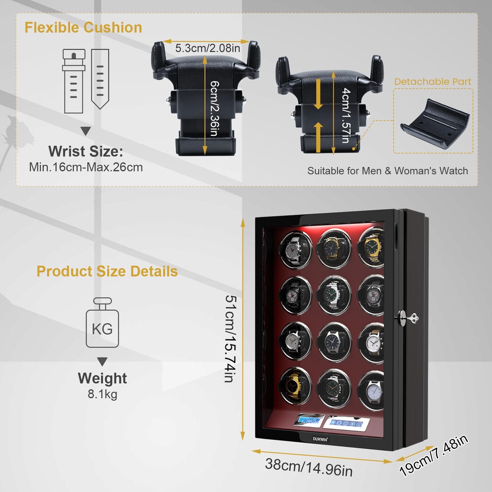 Automatic 12 Watch Winder Rotating Display Box LCD Touch Screen Display Case LED