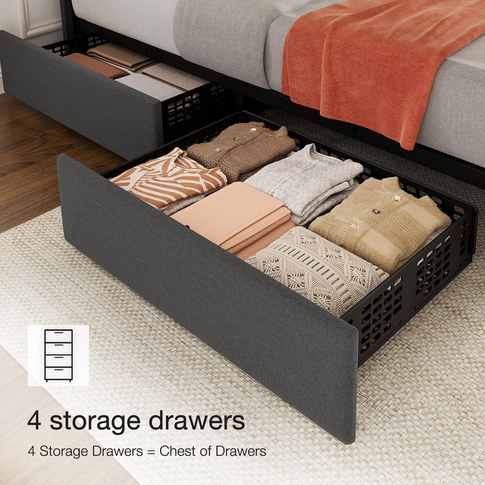 Queen Size Bed Frame with 4 Storage Drawers, Adjustable Height Headboard, Lin...