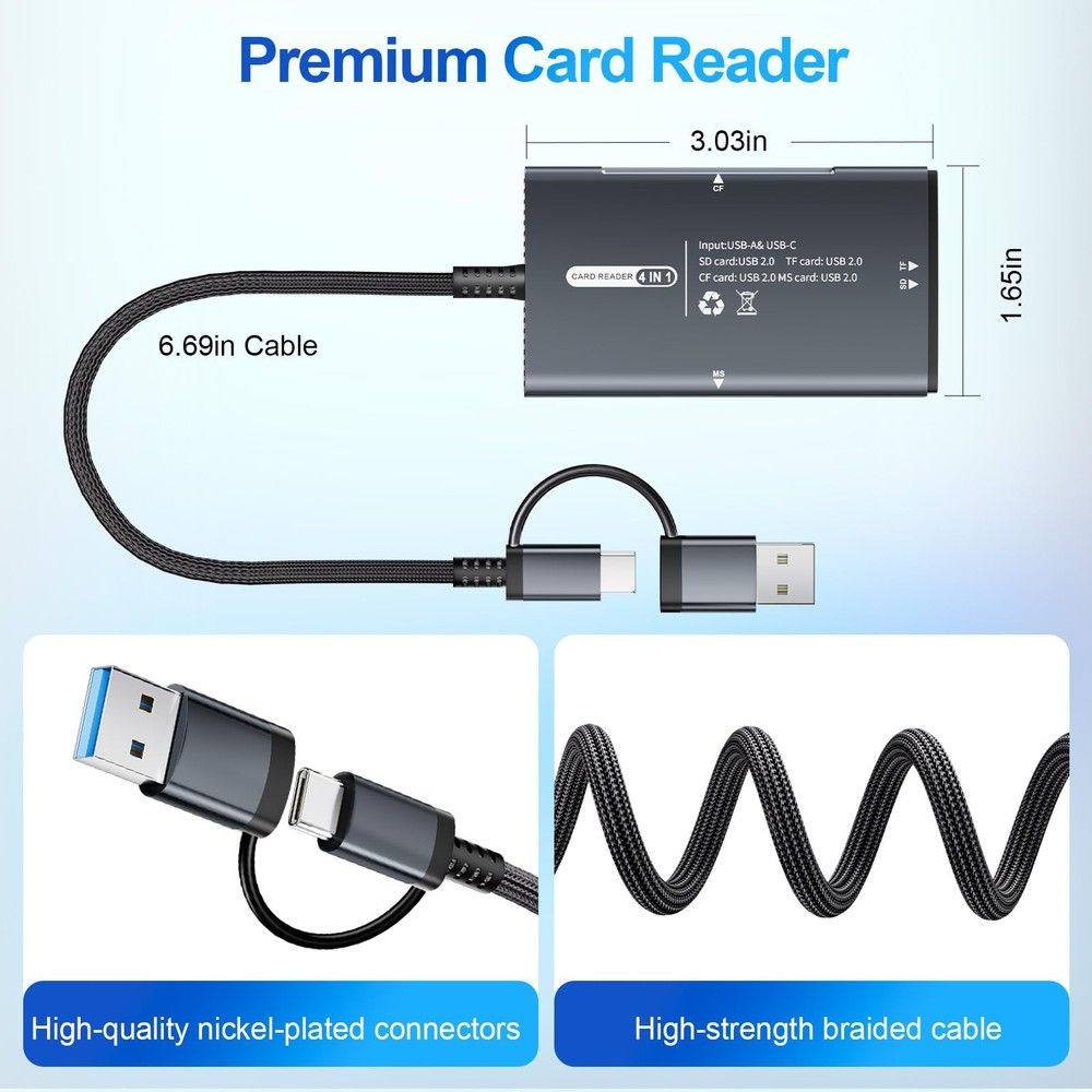 SD Card Reader USB C & Dual Interface, 4 in 1 SD/TF/CF/MS 4 Slots