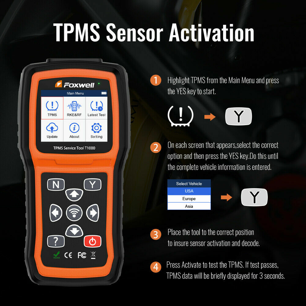 Foxwell T1000 TPMS Programming Activate Sensors Check RF Key FOB Tester Detector