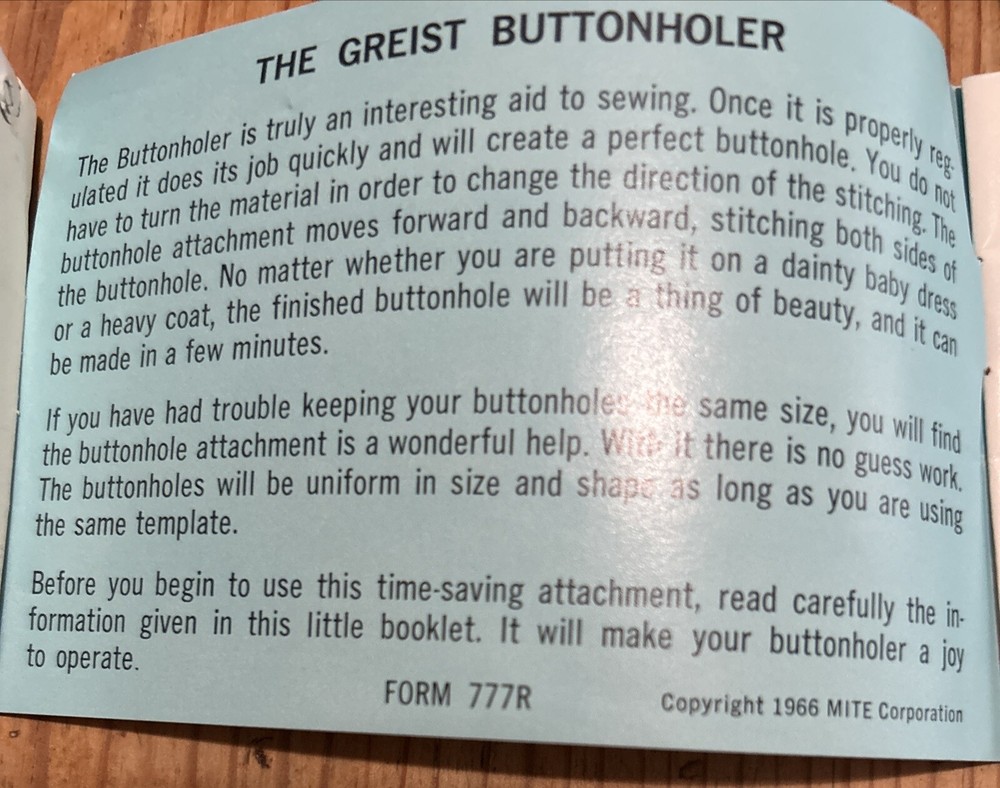 Vintage 1966 Greist The Buttonholer Automatic Model #6 Stitch Attach 5 Templates