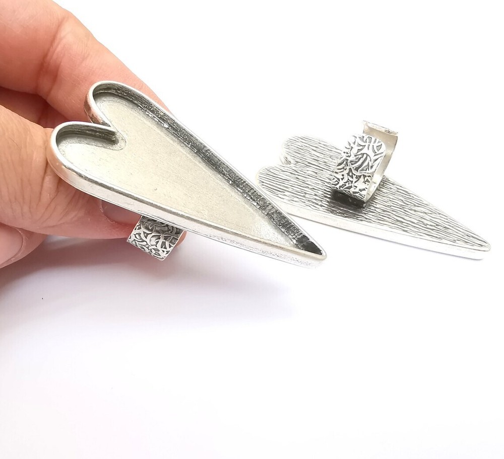 Large Heart Ring Blank Settings, Cabochon Mounting, Adjustable Antique Silver