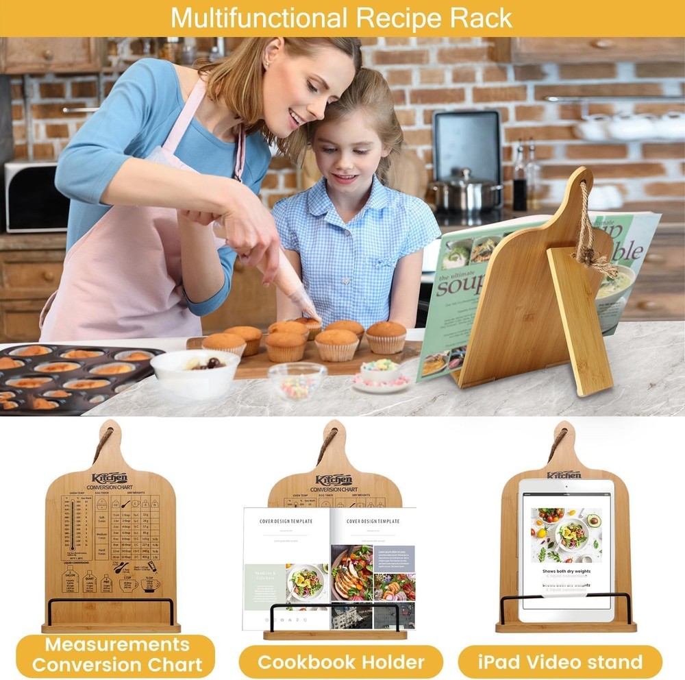Compact Bamboo Cookbook Holder - Adjustable and Space-Saving Kitchen Essential