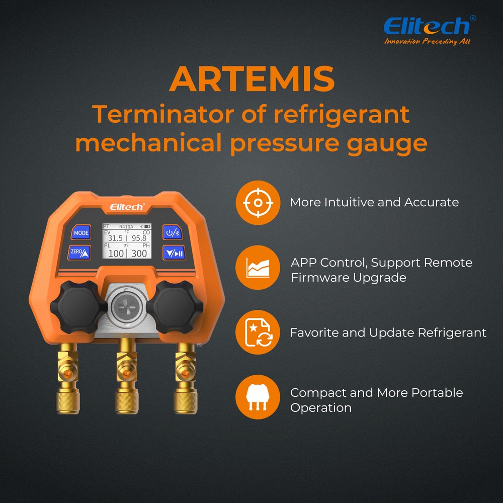 Elitech Smart Manifold Gauge DMG-4B HVAC Pressure Gauges App Control, ARTEMIS