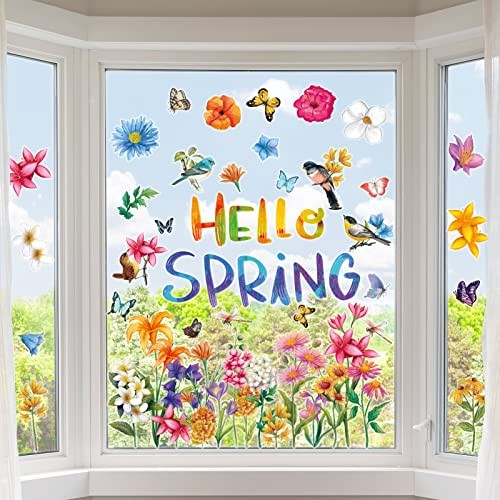 9 Sheet Hello Spring Window Stickers Decorations Spring Window Clings Flowers