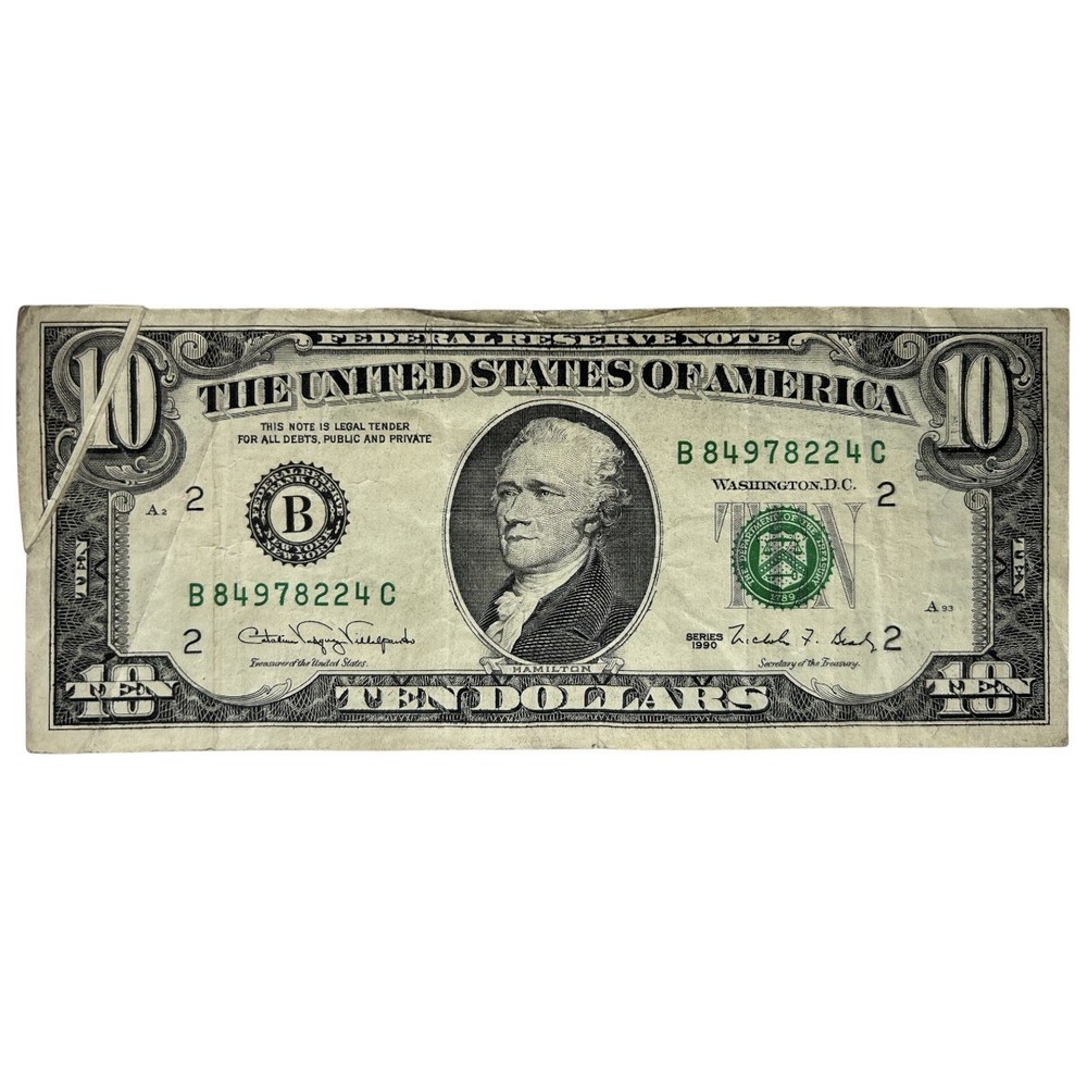 1990 $10 Bill ERROR Federal Reserve Note Printed Corner Fold Error ND06