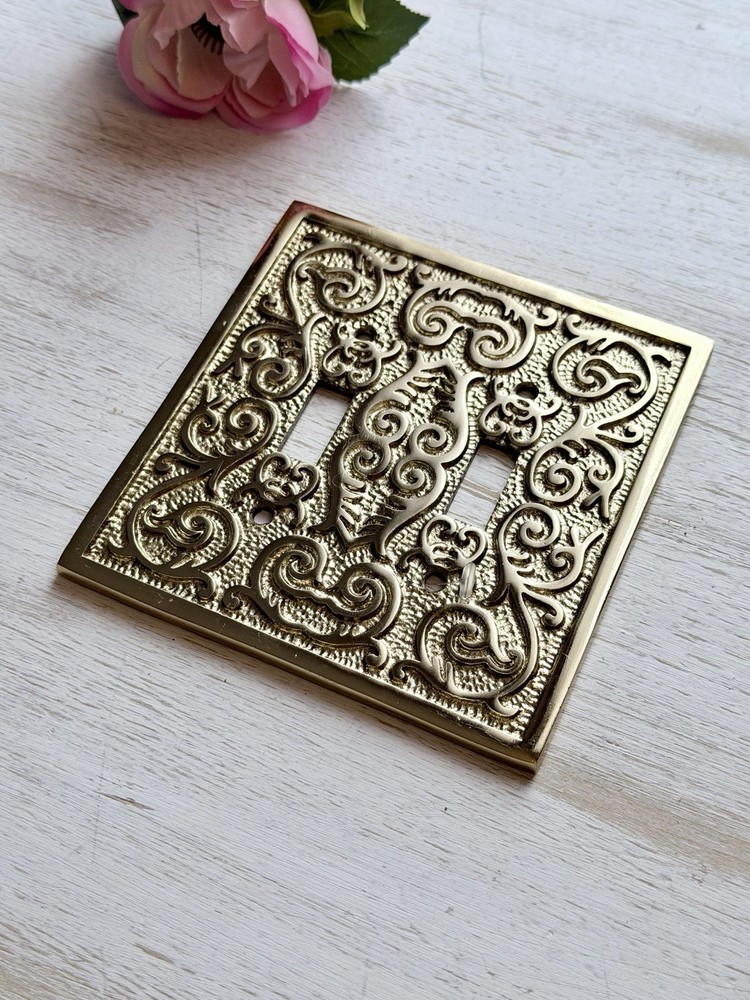 Gold Polished Double Toggle Plate Light Switch Cover Raised Scroll Design VTG