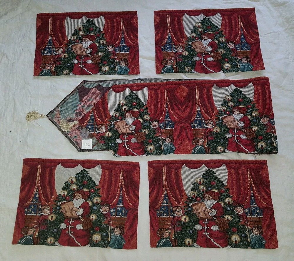 Christmas Holiday Tapestry Table Setting Runner & Place Mat Set