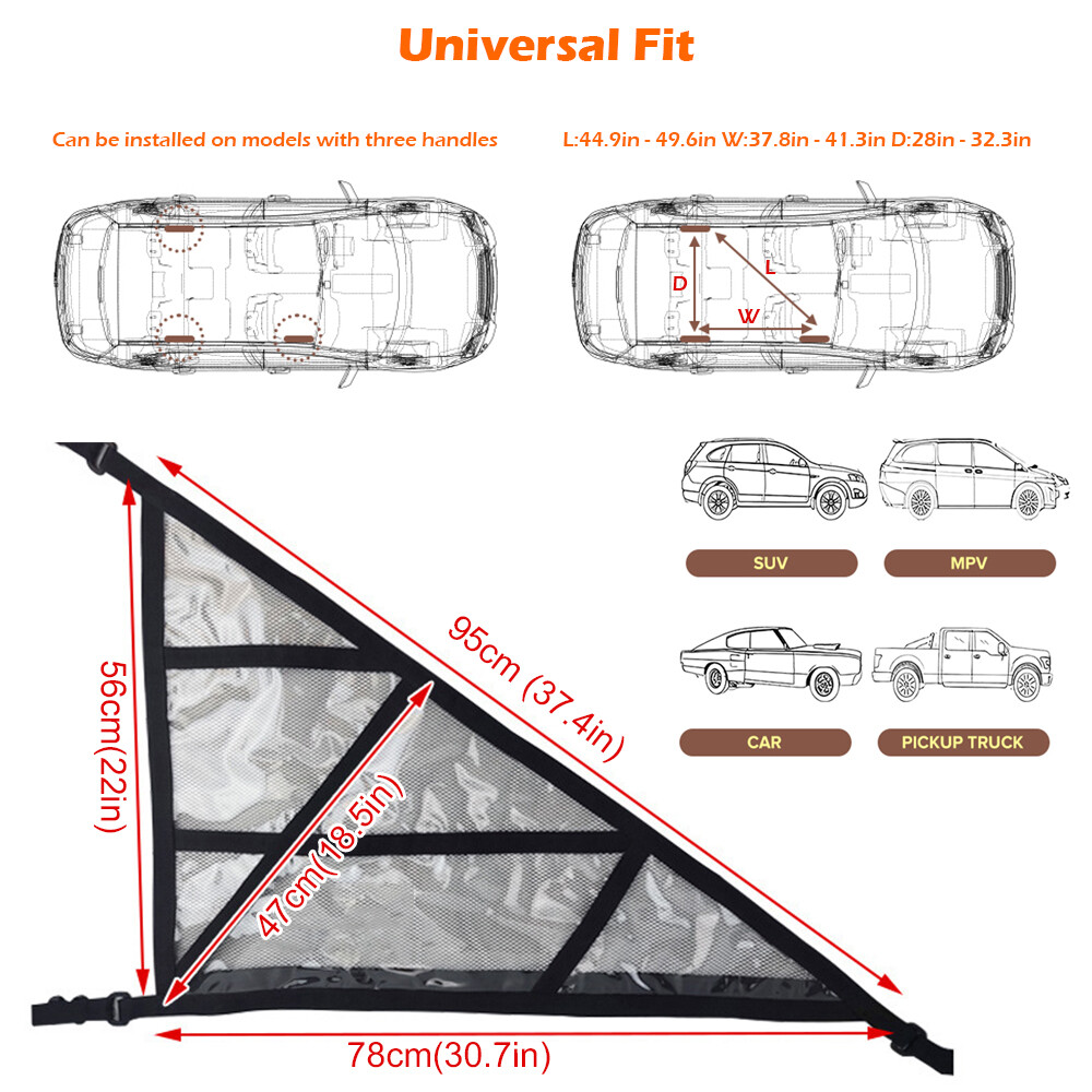 Car Roof Ceiling Cargo Net Mesh Oraganizer Bag Camping Trip Essentials 3-Handle