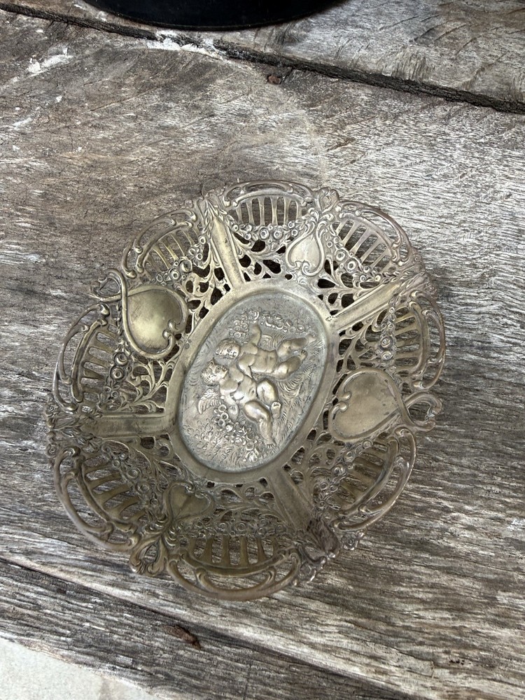 SMALL SILVER CHASED DISH w/ CHERUBS