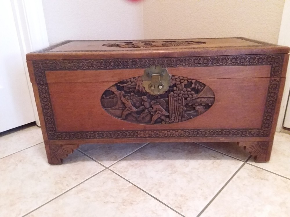 Vintage Carved Cedar Chest Trunk
