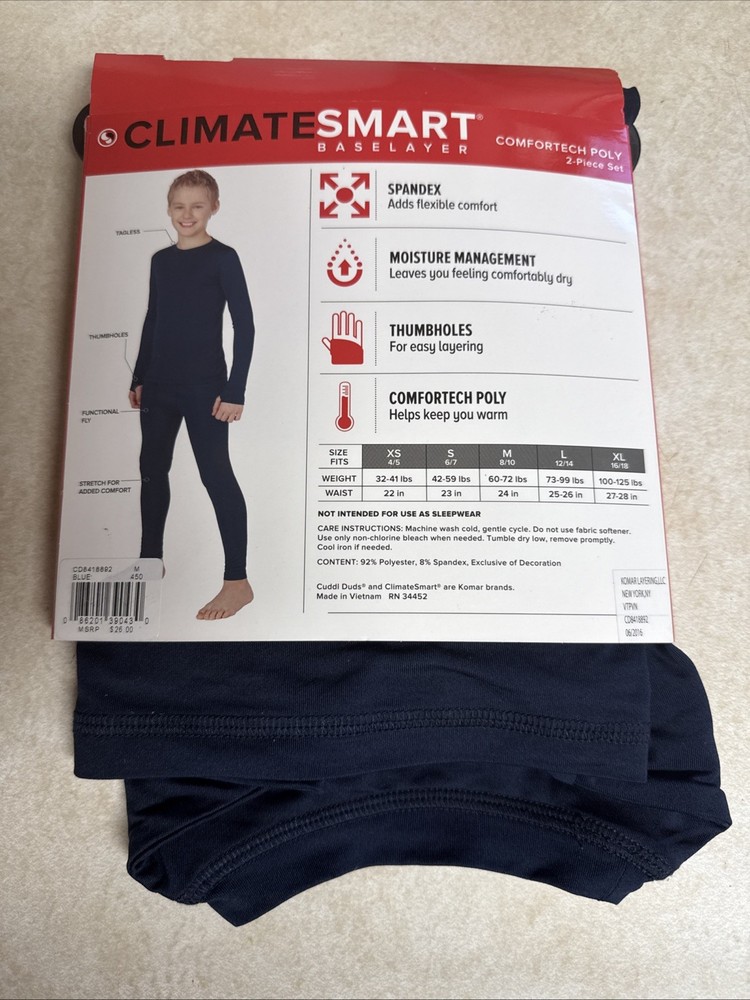 Cuddl Duds ClimateSmart Baselayer Set Boys Medium Comfortech Polyester Navy