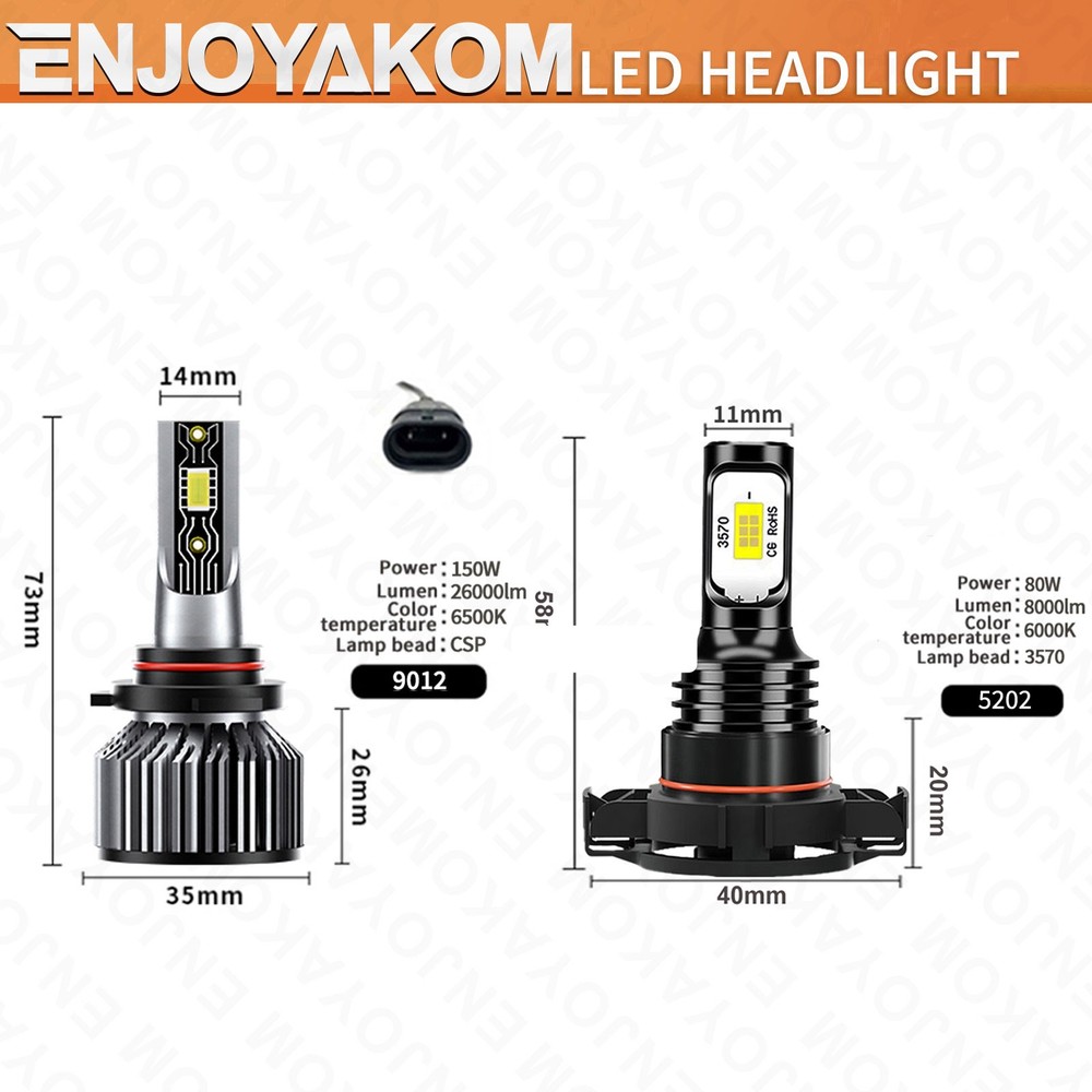 For 2014 2015 GMC Sierra 1500 White 9012 LED Headlight + 5202 Fog Light Bulb 4x