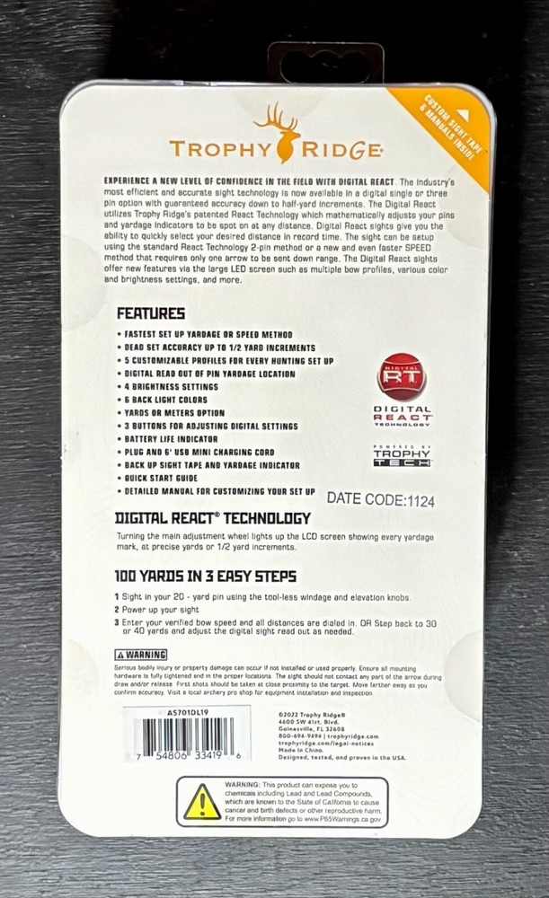 Trophy Ridge Digital React 1 Pin Left Hand .019 Standard Mount New