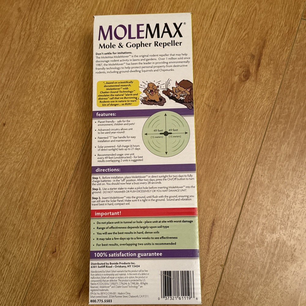 Bonide (BND61121) Molemax Sonic Spike Repeller Solar Powered Mole and Gopher New