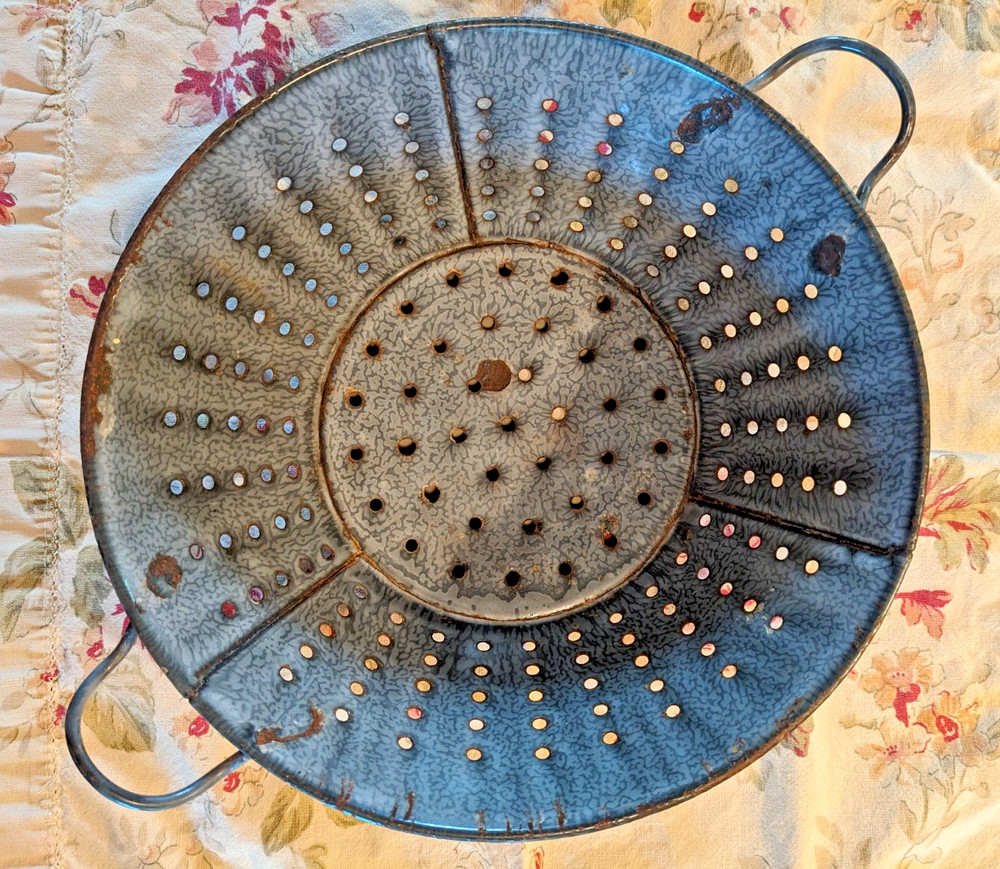 Antique Graniteware Colander Enamelware Strainer Rustic Primitive Farmhouse