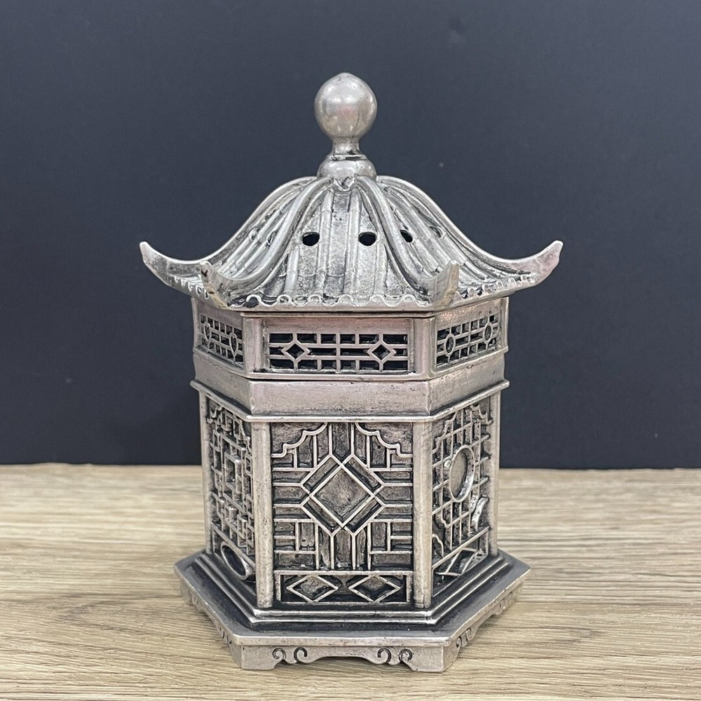 4.92"Old Chinese Copper silvering Hexagonal Pavilion Incense Burners