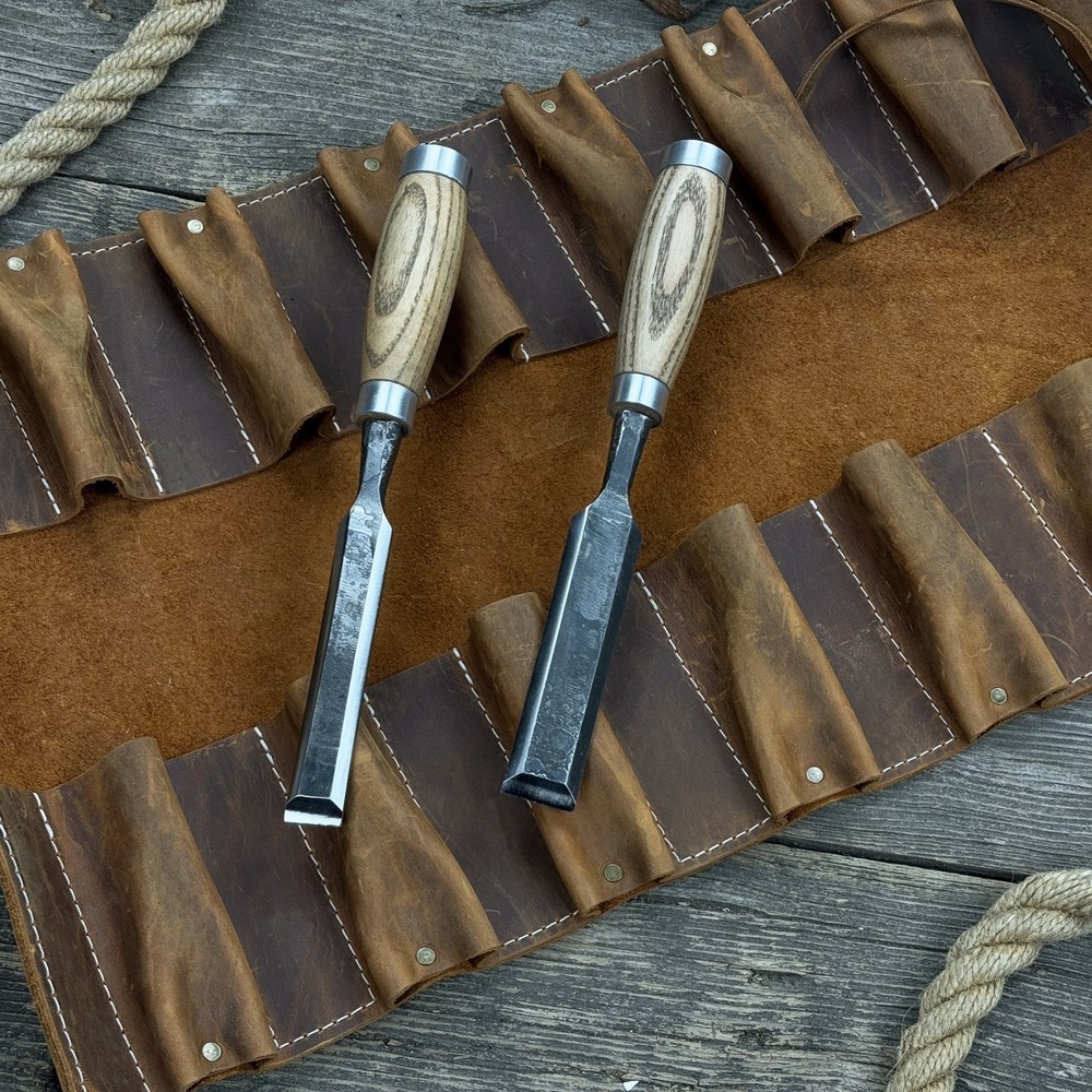 Crazy Horse Leather Chisel Tool Roll 15-Pocket Workshop Organizer