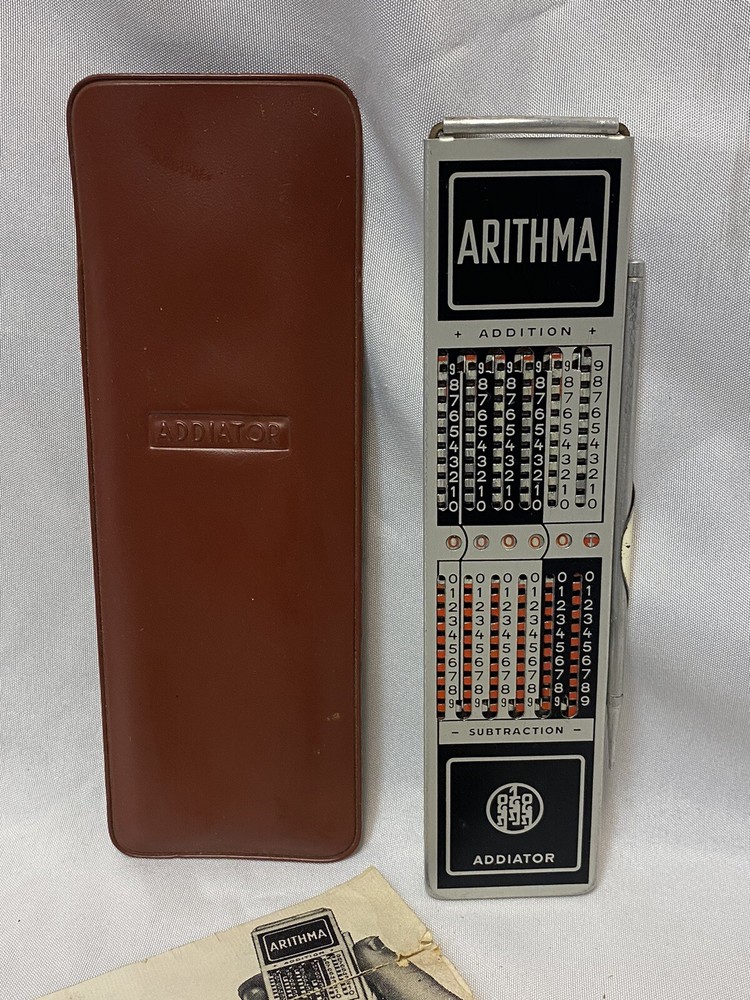 Vtg Arithma Addiator Precision Adding Machine Metal Pen Instructions Vinyl Case