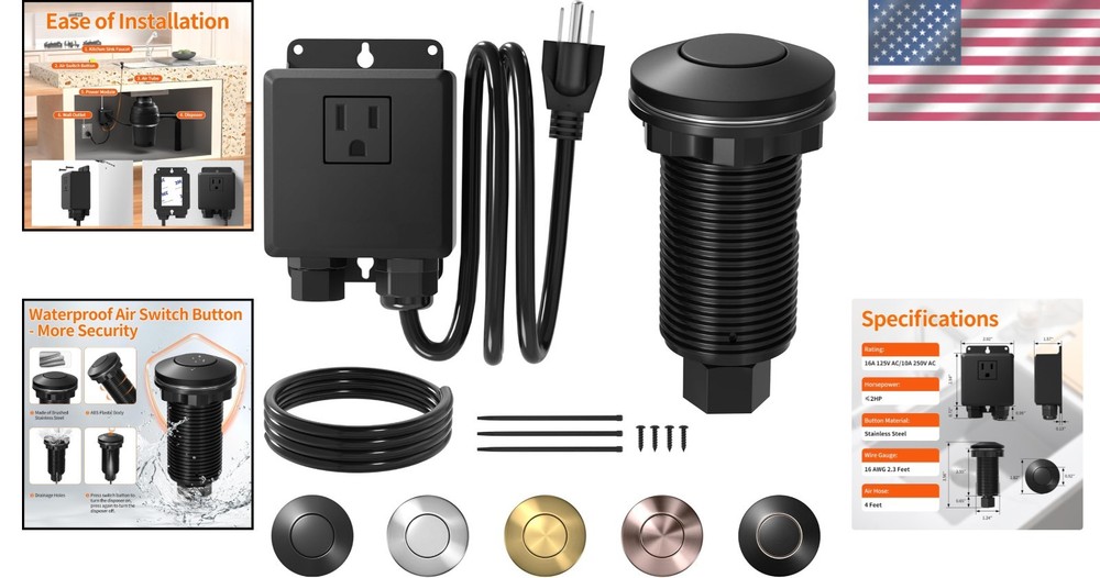 Listed Waterproof Garbage Disposal Air Switch Kit - Matte Black, Easy Install