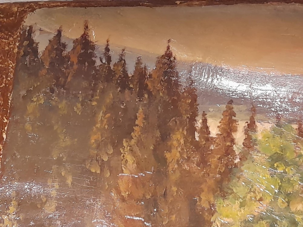 Hand-painted wooden panel with landscape – signed, 71×25 cm