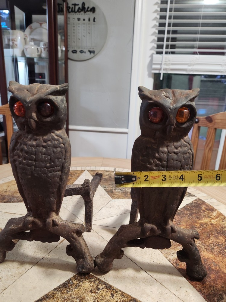 Antique Cast Iron Owl Andirons