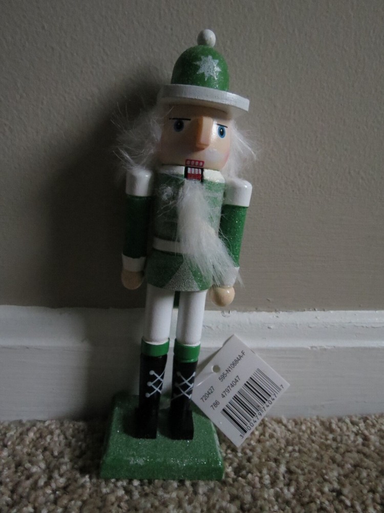 NWT GREEN & WHITE GLITTER WHITE HAIRED NUTCRACKER FIGURINE ON STAND