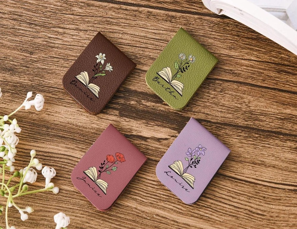 Personalized Magnetic Leather Bookmark with Birth Flower，Book Accessory