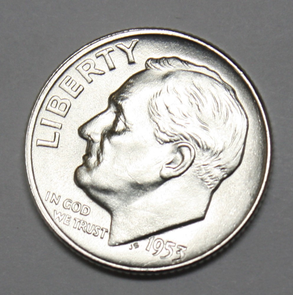 1953-d Roosevelt Dime. 100% Fully Separated Horizontal Bands. BU.  (Inventory E)