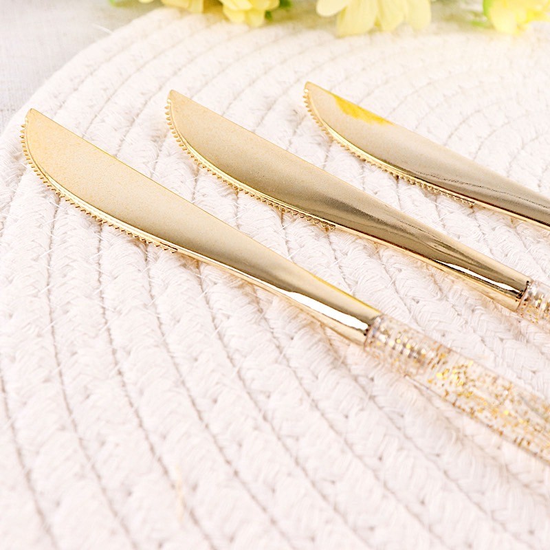 24 Clear 9" Plastic Knives Gold Glittered Handle Disposable Wedding Tableware