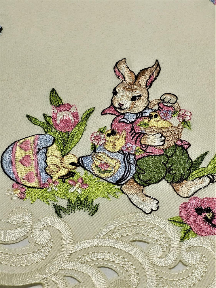Easter Table Runner with Easter Bunny and Eggs on Ivory Material Size 34 X 15 In