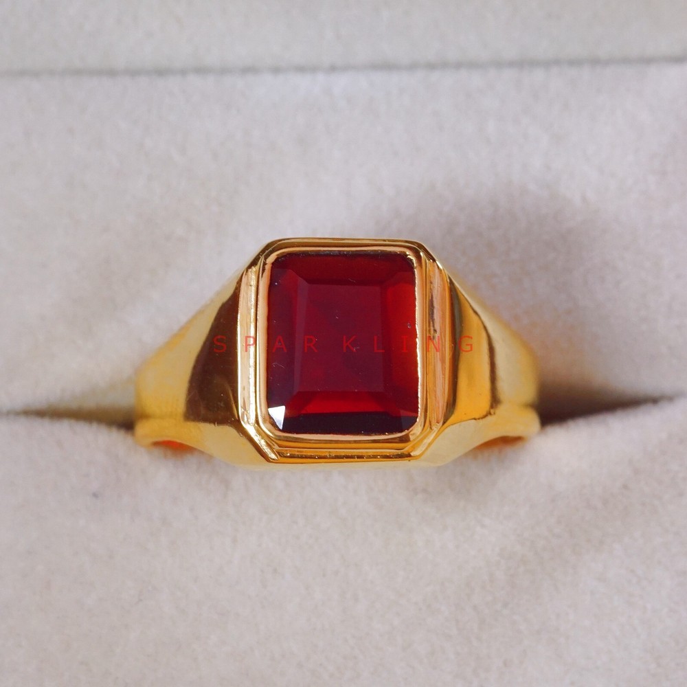 Garnet Emerald Cut With 14K Solid   Gold  Ring For Men's #E513